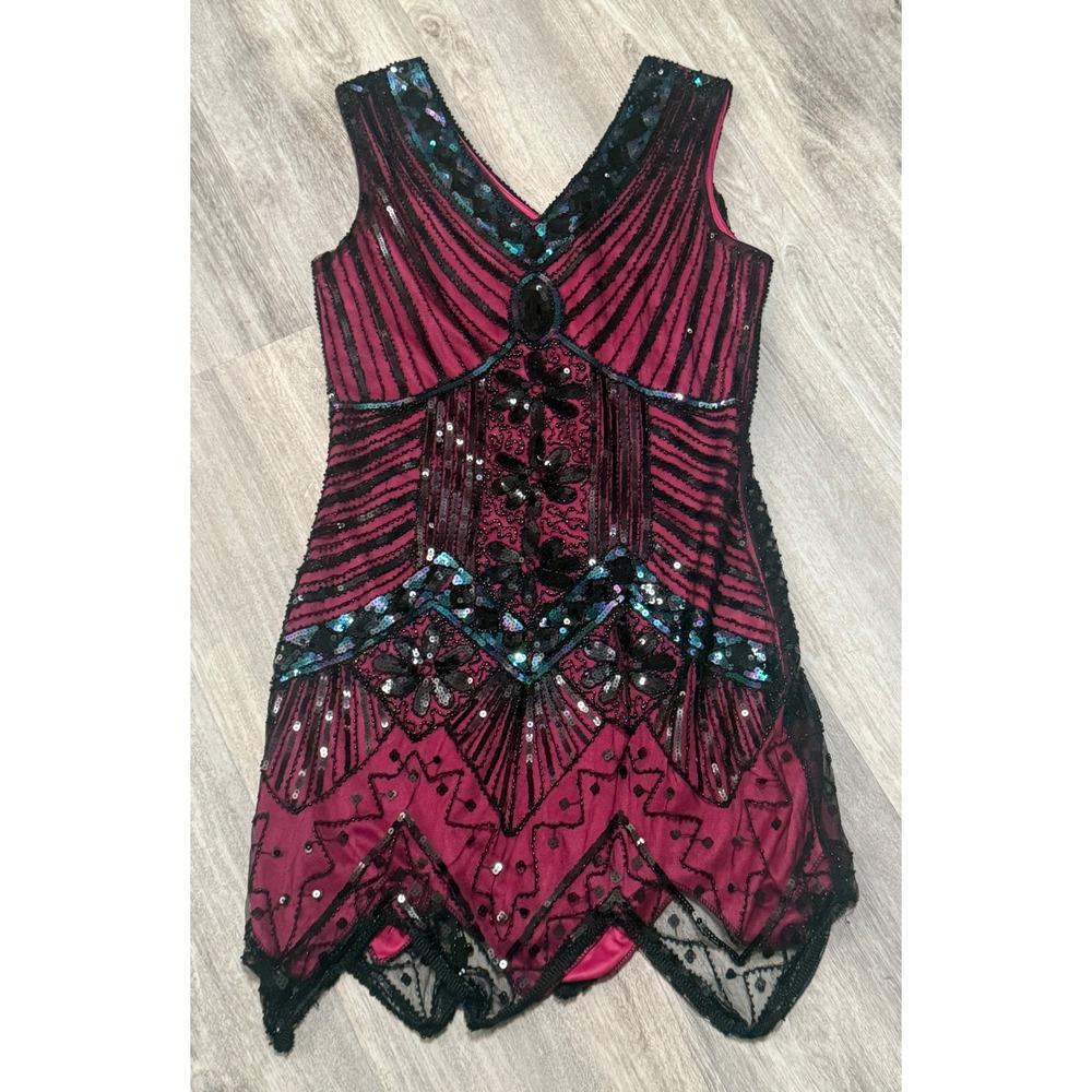 Sequin Beaded Flapper Dress Sleeveless Cocktail‎ Party Gatsby Style Maroon small